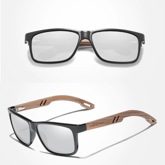 KINGSEVEN Natural Walnut Wood Sunglasses with Silver Mirrored Lenses - Picture 4 of 15